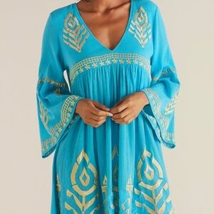 Soft Surroundings Turquoise and Gold Embroidered Zaneta Dress